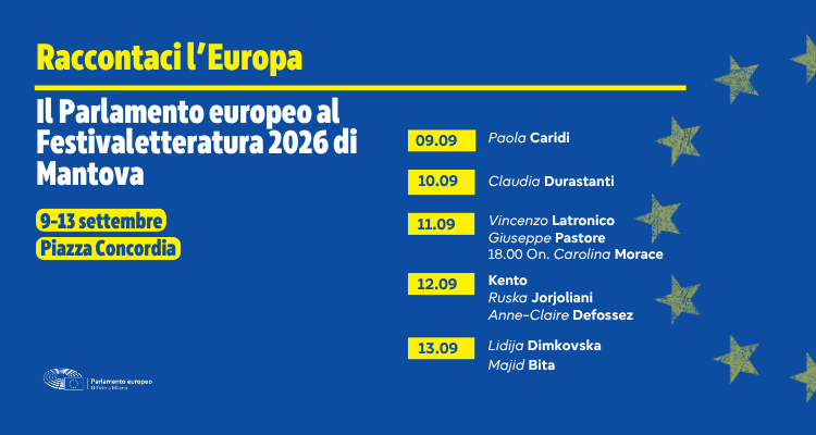 Programma di "Raccontaci l'Europa", rassegna dell'Ufficio del Parlamento europeo a Milano al Festival Letteratura di Mantova 2026