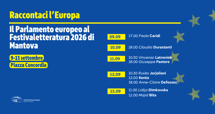 Programma di "Raccontaci l'Europa", rassegna dell'Ufficio del Parlamento europeo a Milano al Festival Letteratura di Mantova 2026