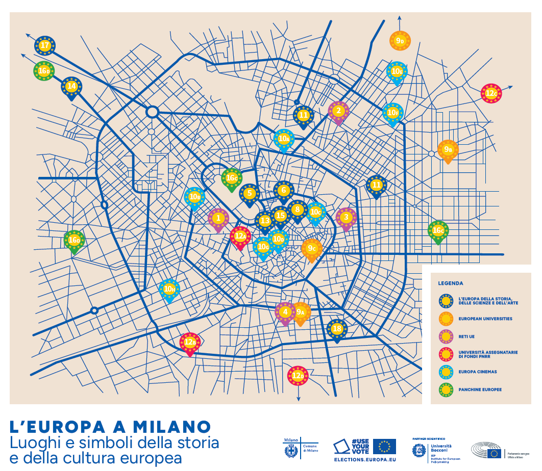 La mappa "L'Europa a Milano" raffigura i luoghi e i simboli della storia e della cultura europea